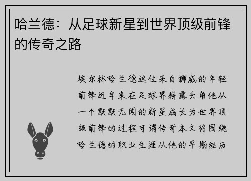 哈兰德：从足球新星到世界顶级前锋的传奇之路